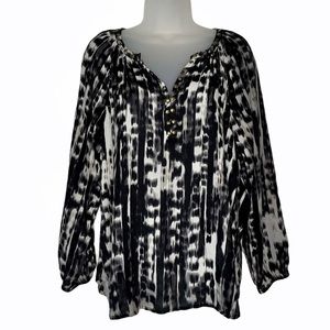 BEACH LUNCH LOUNGE Women's Black White Tie Dye 3/4 Sleeve Blouse Top‎ Sz Small S
